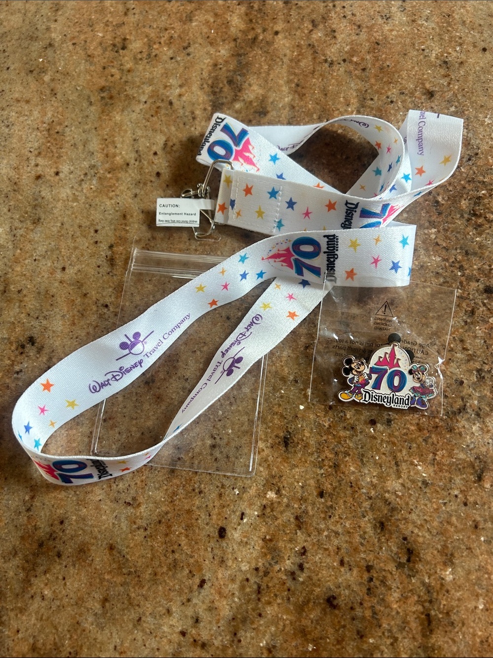 Disneyland 70th Anniversary White Star Print Lanyard with Commemorative Pin